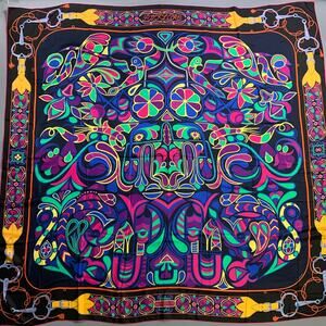 HERMES Black Color Block Horsebit Silk Scarves & Shawls